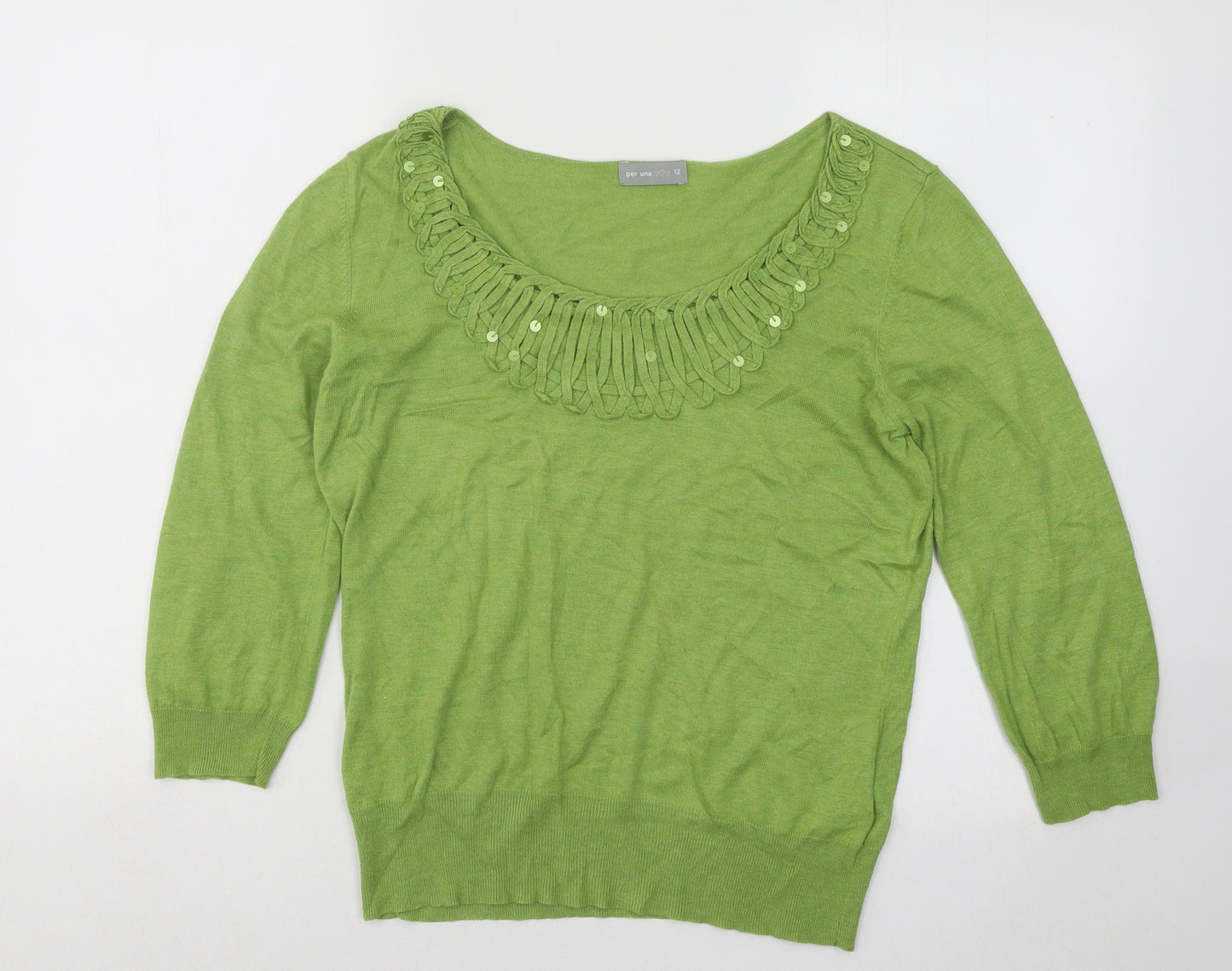 Per Una Womens Green Scoop Neck Geometric Cotton Pullover Jumper Size 12