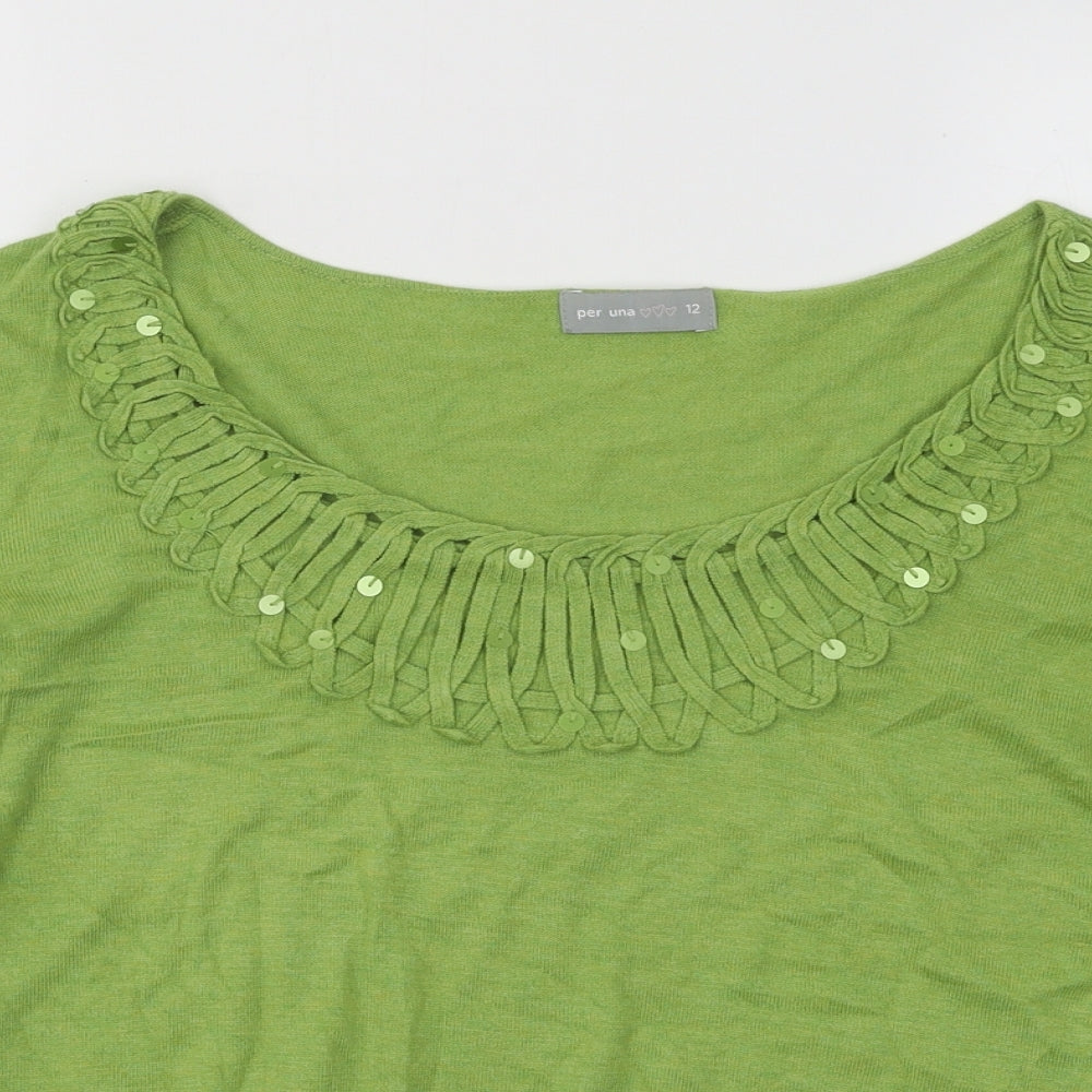 Per Una Womens Green Scoop Neck Geometric Cotton Pullover Jumper Size 12