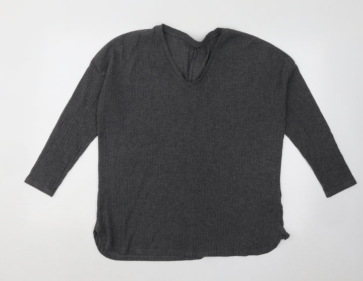 New Look Womens Grey V-Neck Polyester Pullover Jumper Size 12 - Ribbed