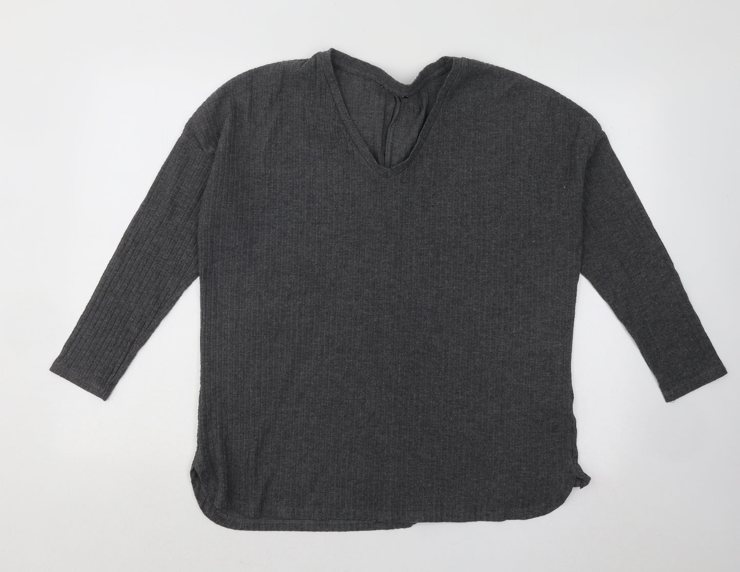 New Look Womens Grey V-Neck Polyester Pullover Jumper Size 12 - Ribbed