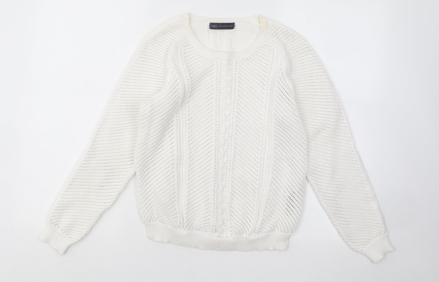 Marks and Spencer Womens White Round Neck Geometric Cotton Pullover Jumper Size 10