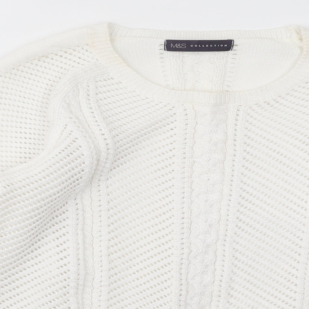 Marks and Spencer Womens White Round Neck Geometric Cotton Pullover Jumper Size 10