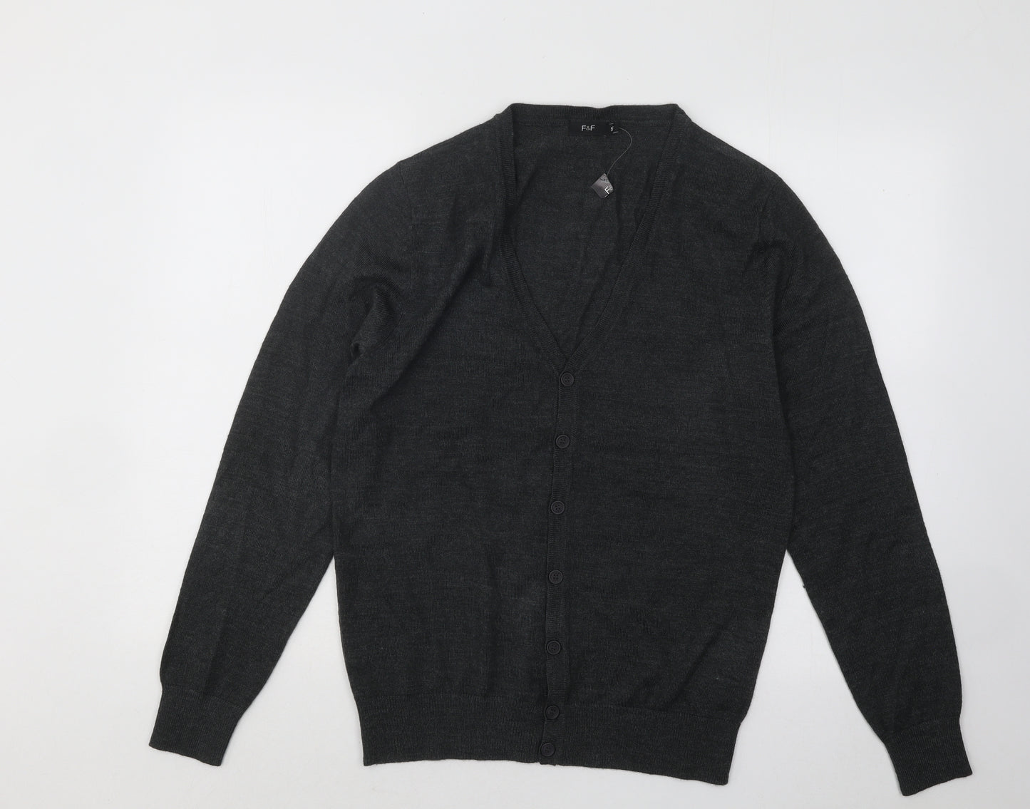 F&F Mens Grey V-Neck Acrylic Cardigan Jumper Size S