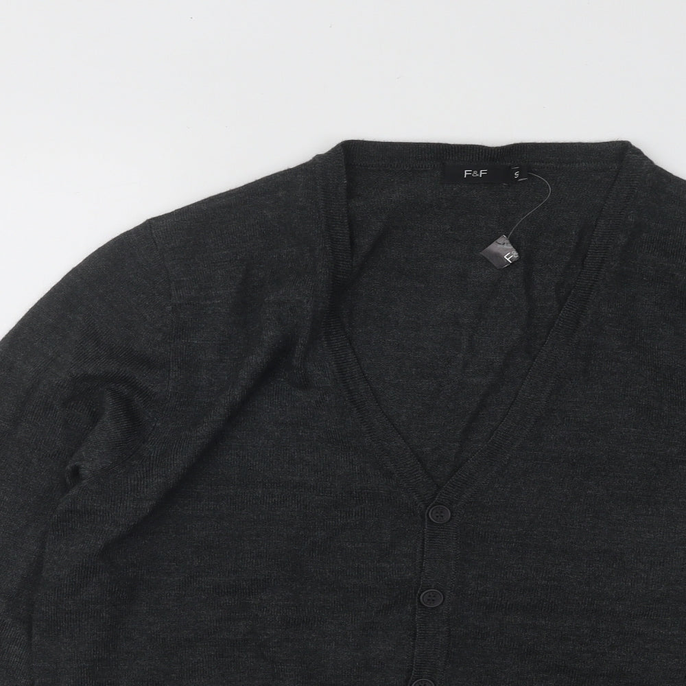 F&F Mens Grey V-Neck Acrylic Cardigan Jumper Size S