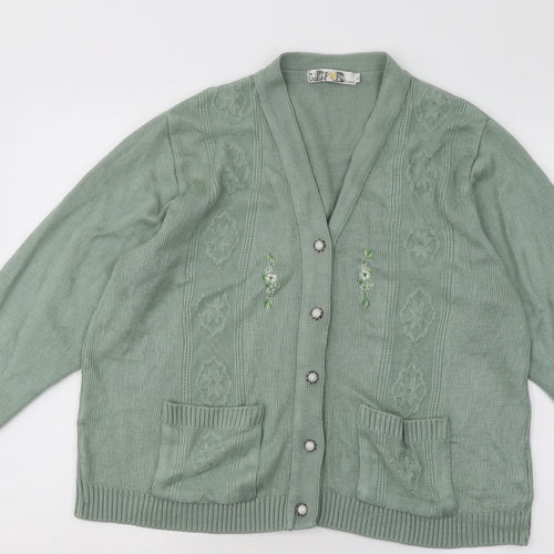 Gold Leaf Womens Green V-Neck Floral Acrylic Cardigan Jumper Size L