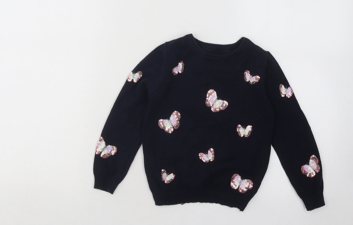 Primark Girls Blue Round Neck Geometric Acrylic Pullover Jumper Size 3-4 Years Pullover - Butterflies