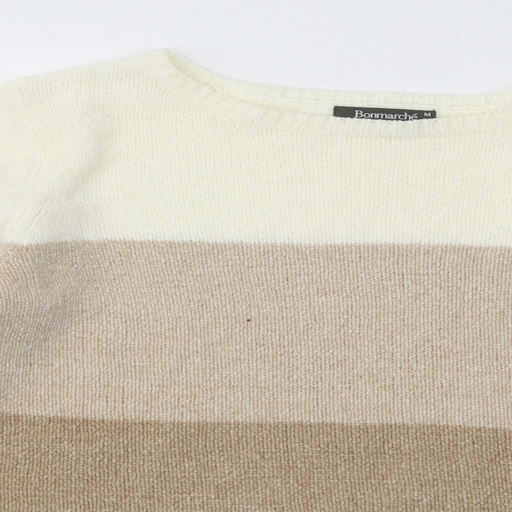Bonmarché Womens Beige Round Neck Striped Acrylic Pullover Jumper Size M