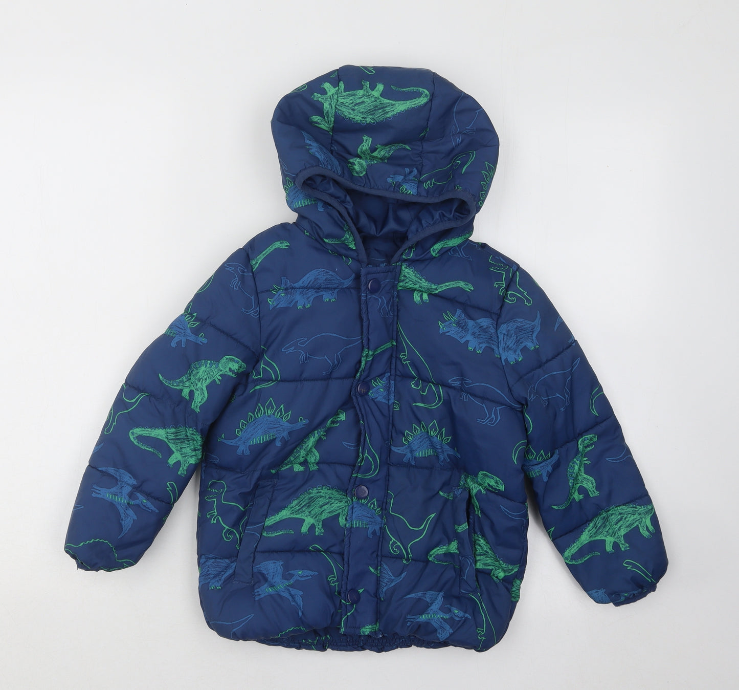 TU Boys Blue Geometric Puffer Jacket Coat Size 4-5 Years Zip - Dinosaurs