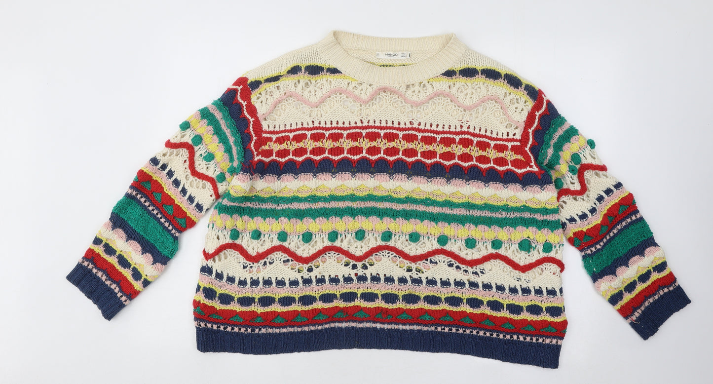 Mango Womens Multicoloured Round Neck Geometric Acrylic Pullover Jumper Size L - Pom Pom