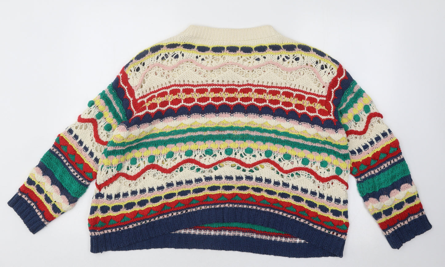 Mango Womens Multicoloured Round Neck Geometric Acrylic Pullover Jumper Size L - Pom Pom