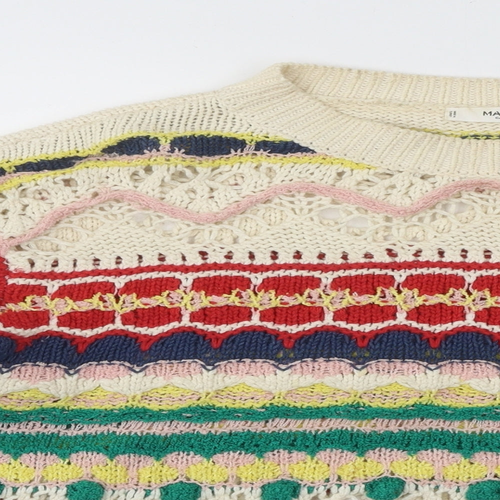 Mango Womens Multicoloured Round Neck Geometric Acrylic Pullover Jumper Size L - Pom Pom
