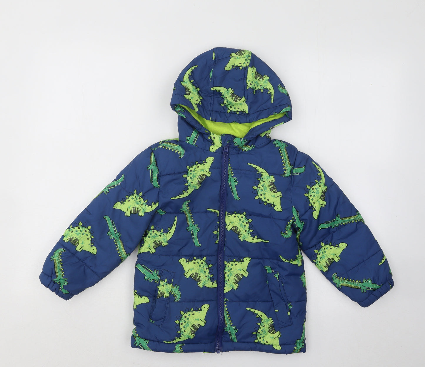 George Boys Blue Geometric Puffer Jacket Coat Size 4-5 Years Zip - Dinosaur