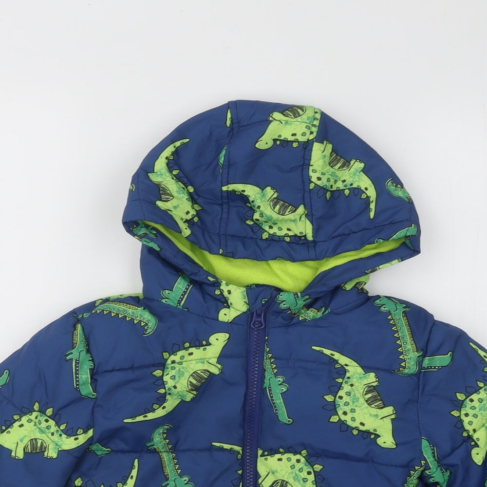George Boys Blue Geometric Puffer Jacket Coat Size 4-5 Years Zip - Dinosaur