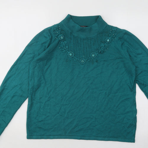 Bonmarché Womens Green Mock Neck Geometric Acrylic Pullover Jumper Size M