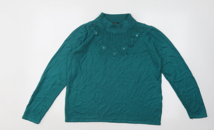 Bonmarché Womens Green Mock Neck Geometric Acrylic Pullover Jumper Size M