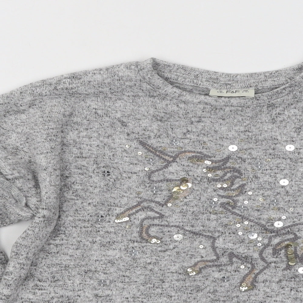 F&F Girls Grey Round Neck Acrylic Pullover Jumper Size 5-6 Years Pullover - Unicorn