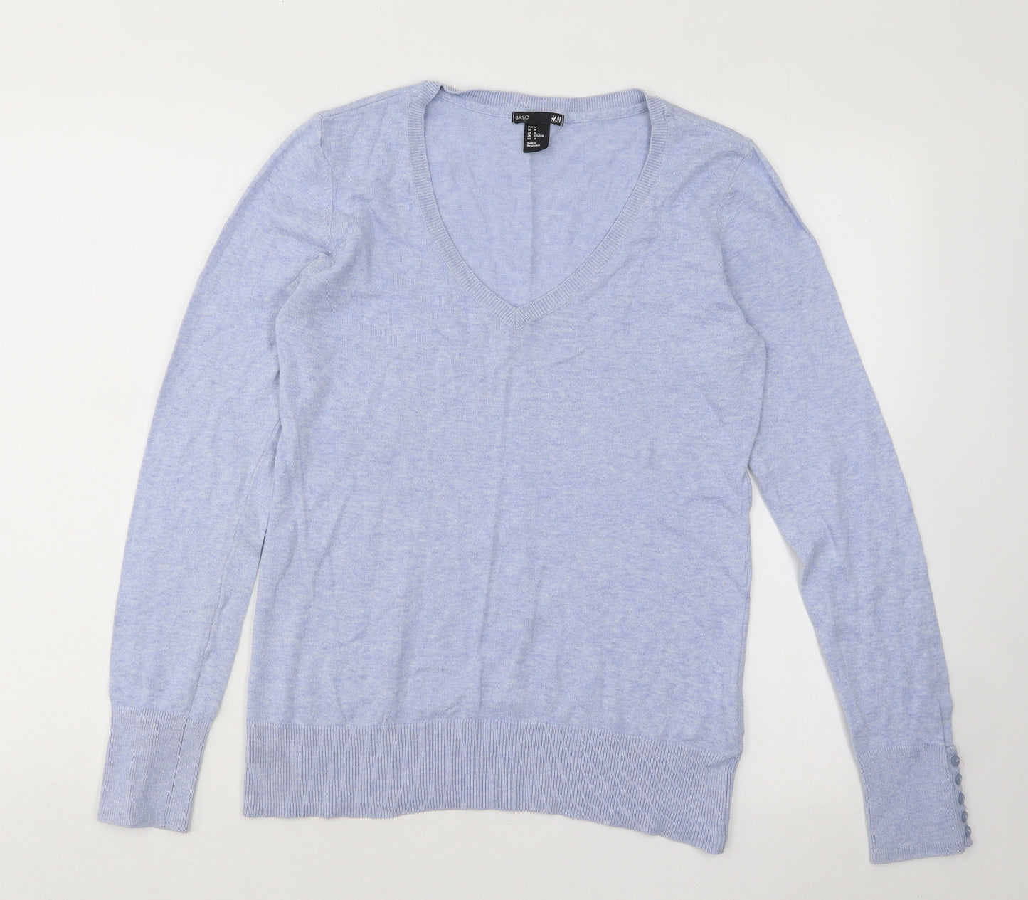 H&M Womens Blue V-Neck Cotton Pullover Jumper Size M