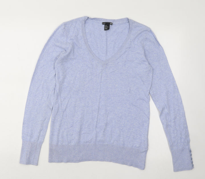H&M Womens Blue V-Neck Cotton Pullover Jumper Size M