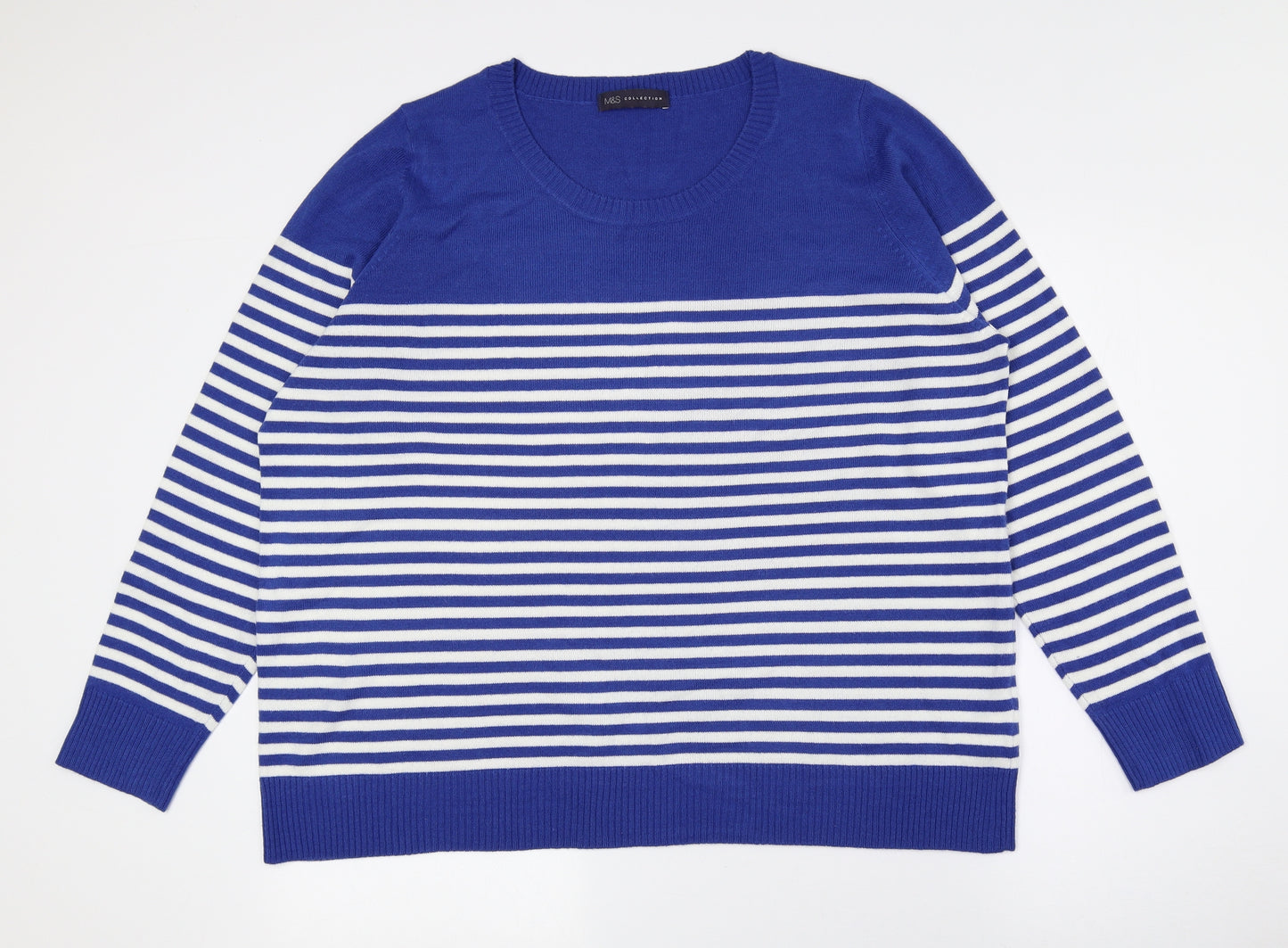 Marks and Spencer Womens Blue Scoop Neck Striped Acrylic Pullover Jumper Size 22