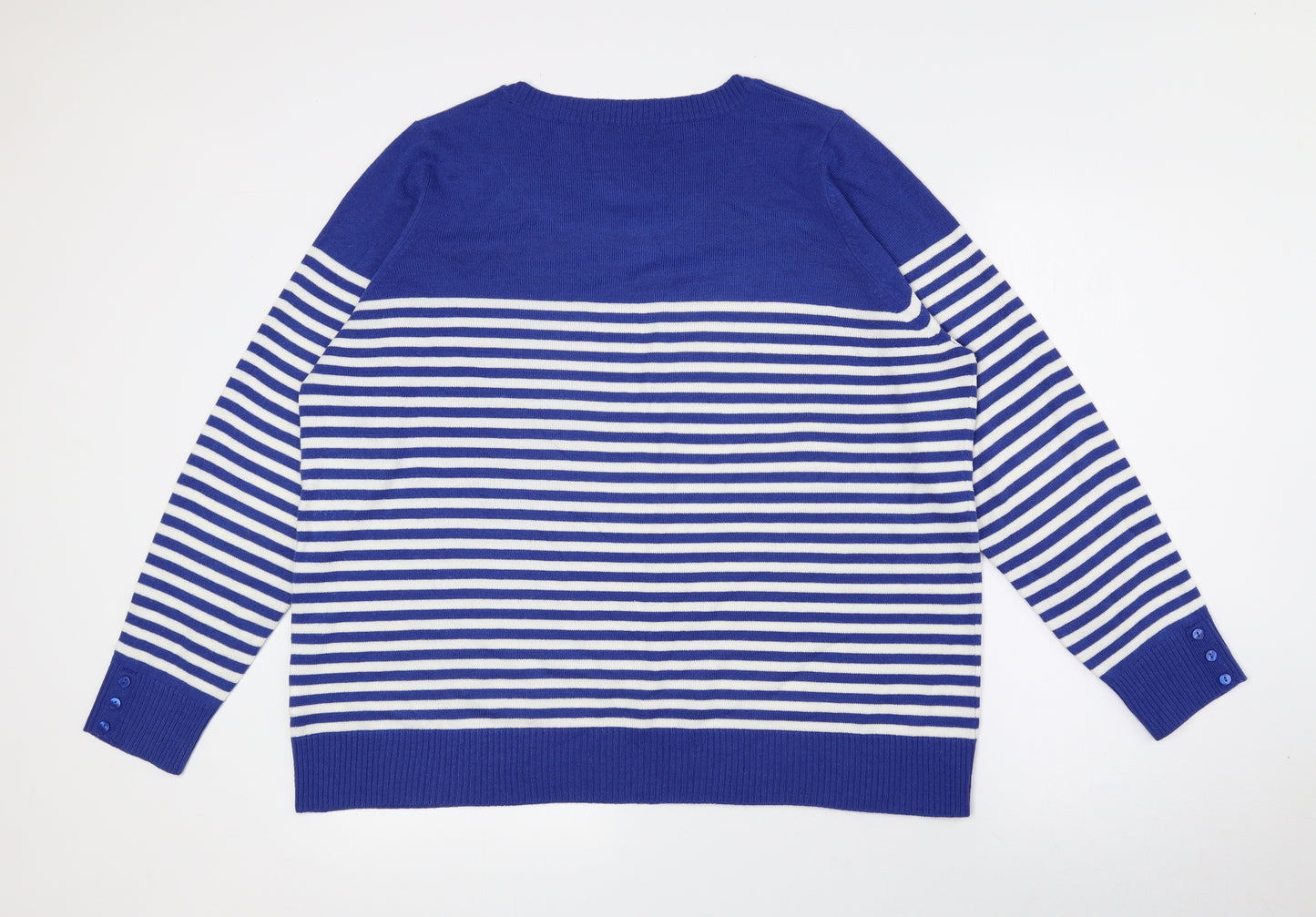Marks and Spencer Womens Blue Scoop Neck Striped Acrylic Pullover Jumper Size 22