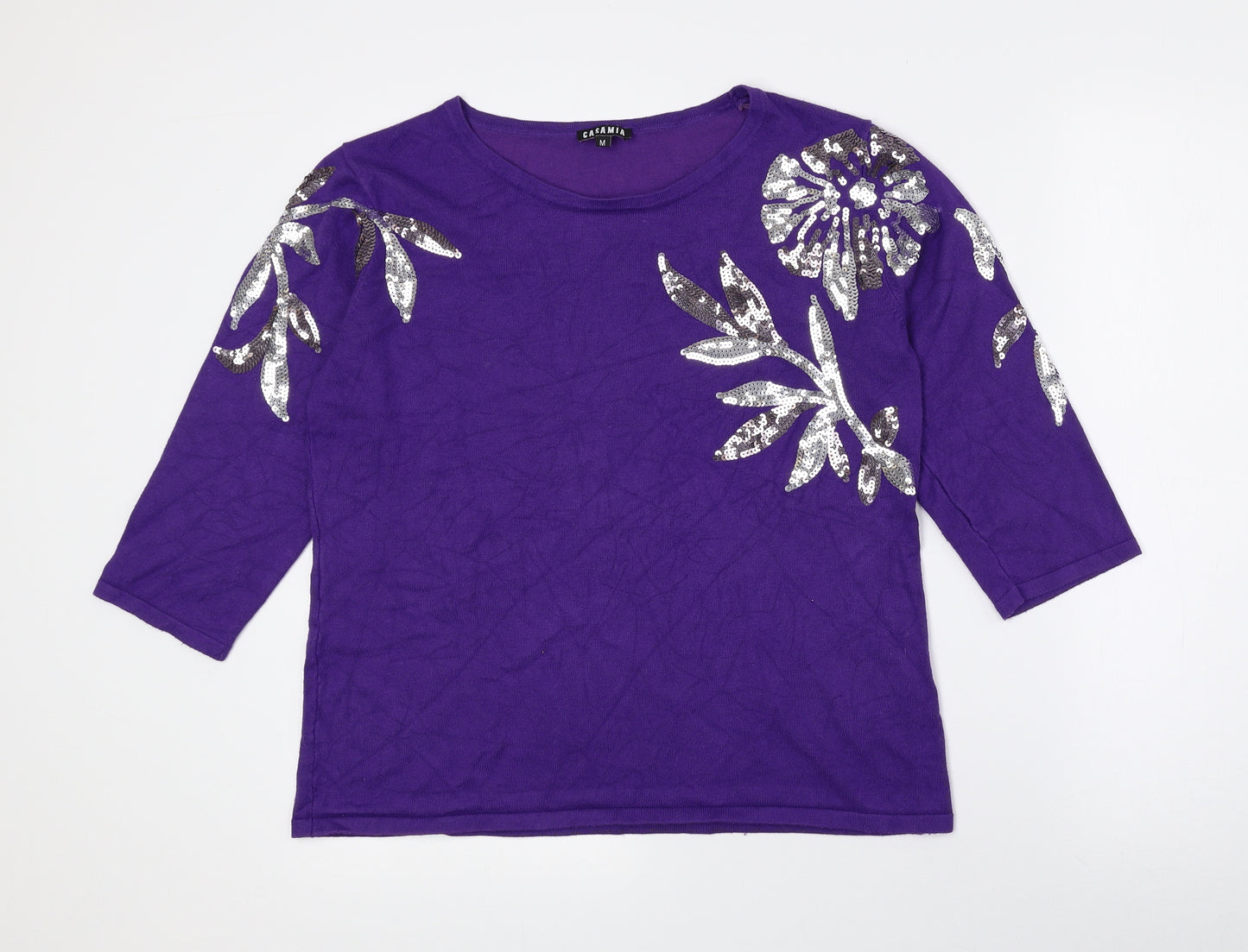 CASAMIA Womens Purple Floral Viscose Basic T-Shirt Size M Crew Neck