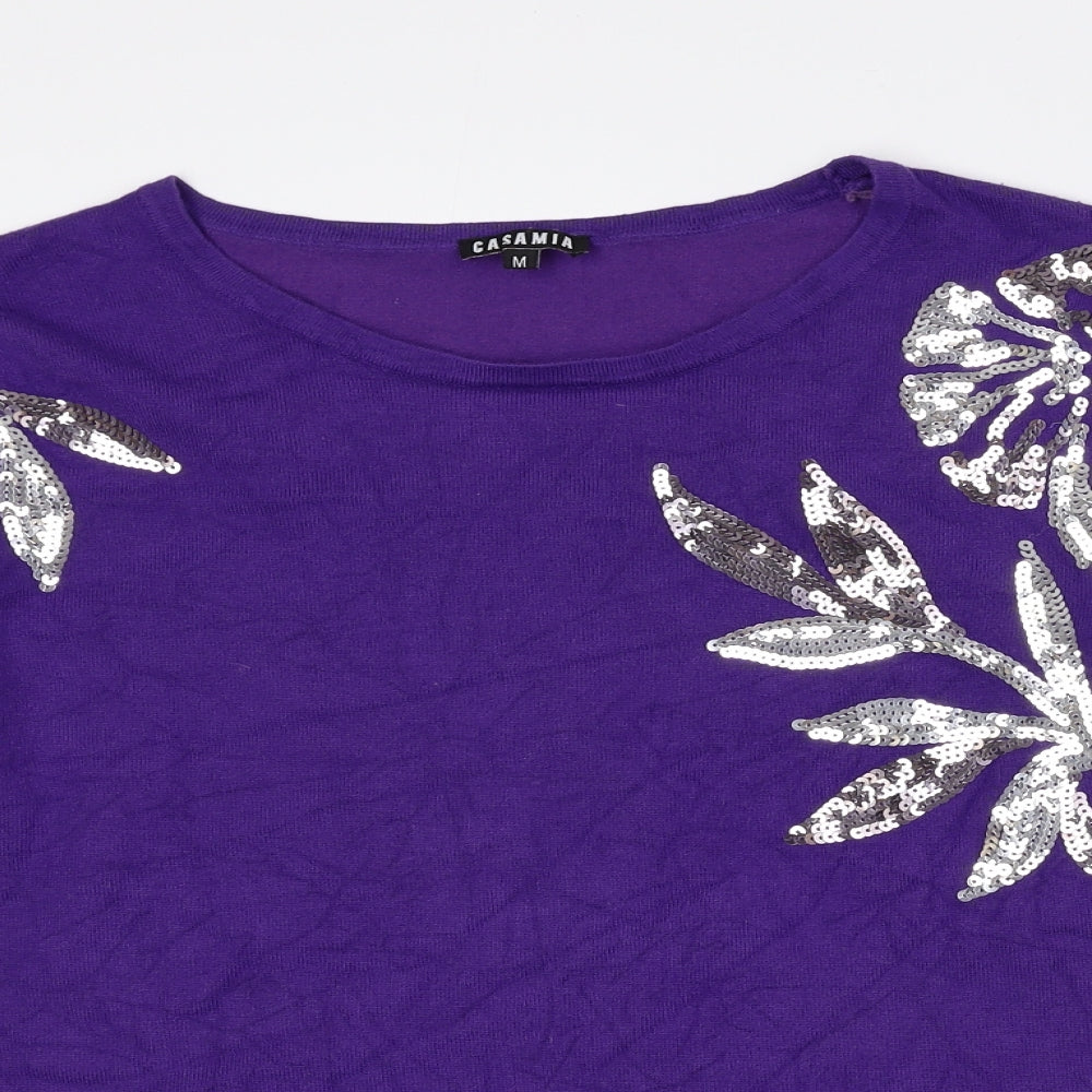 CASAMIA Womens Purple Floral Viscose Basic T-Shirt Size M Crew Neck