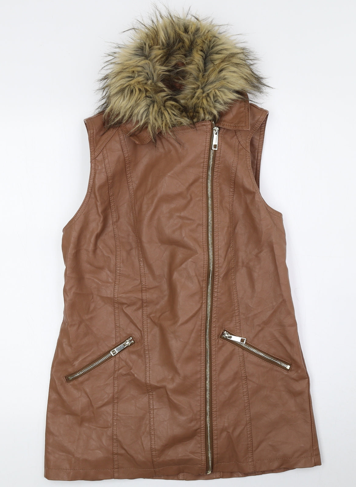 River Island Womens Brown Gilet Jacket Size 10 Zip - Faux Leather