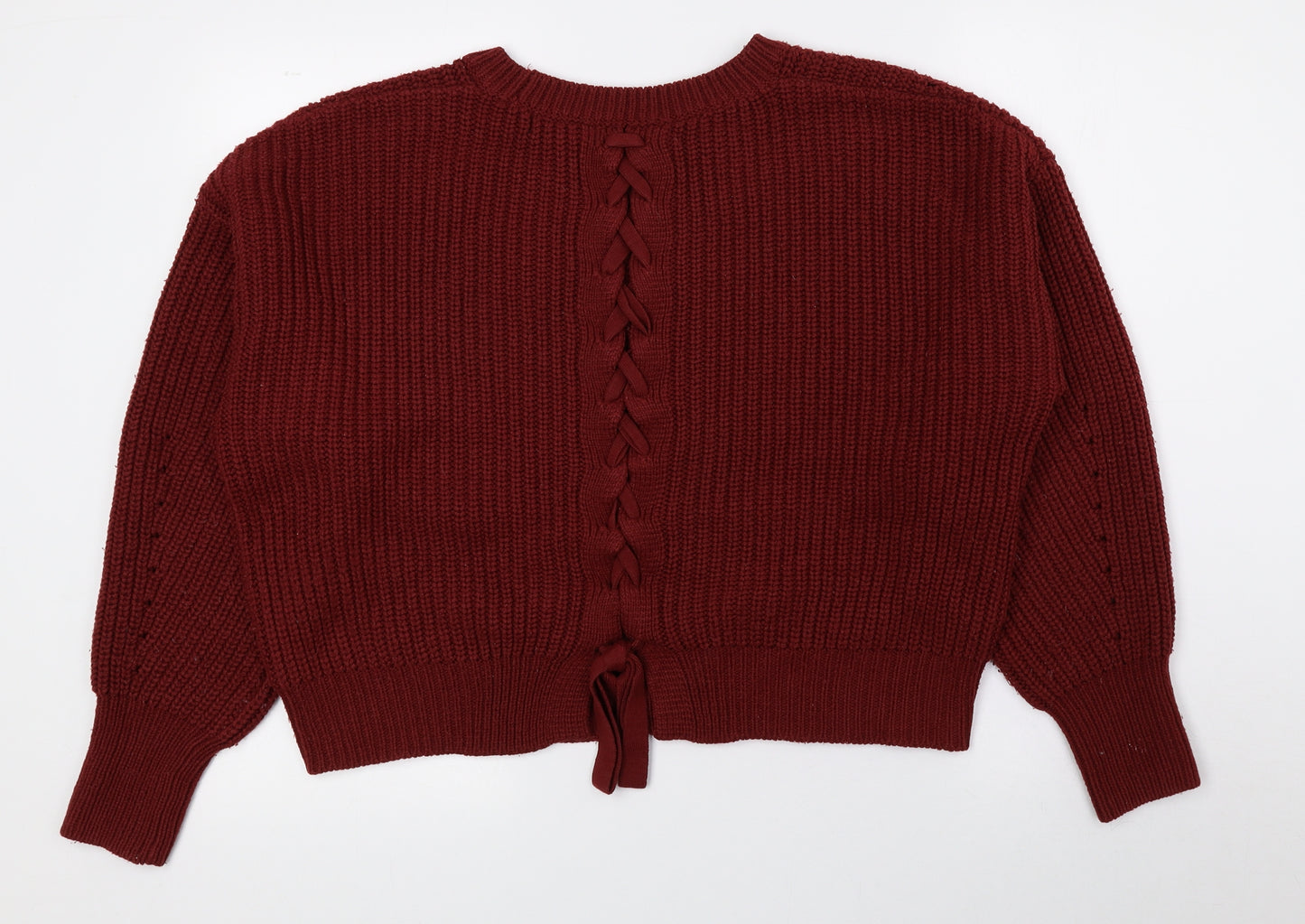 New Look Womens Red Crew Neck Acrylic Pullover Jumper Size M - String tie at back