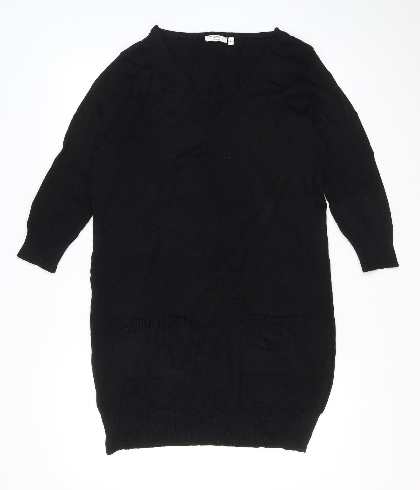 Lew Look Womens Black Acrylic Jumper Dress Size L V-Neck Pullover