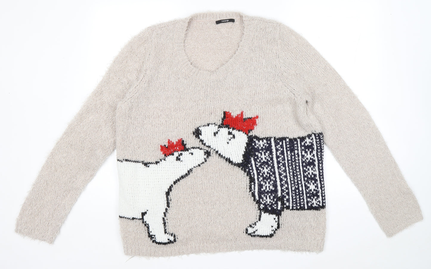 George Womens Beige Scoop Neck Polyester Pullover Jumper Size 20 - Polar Bears Christmas