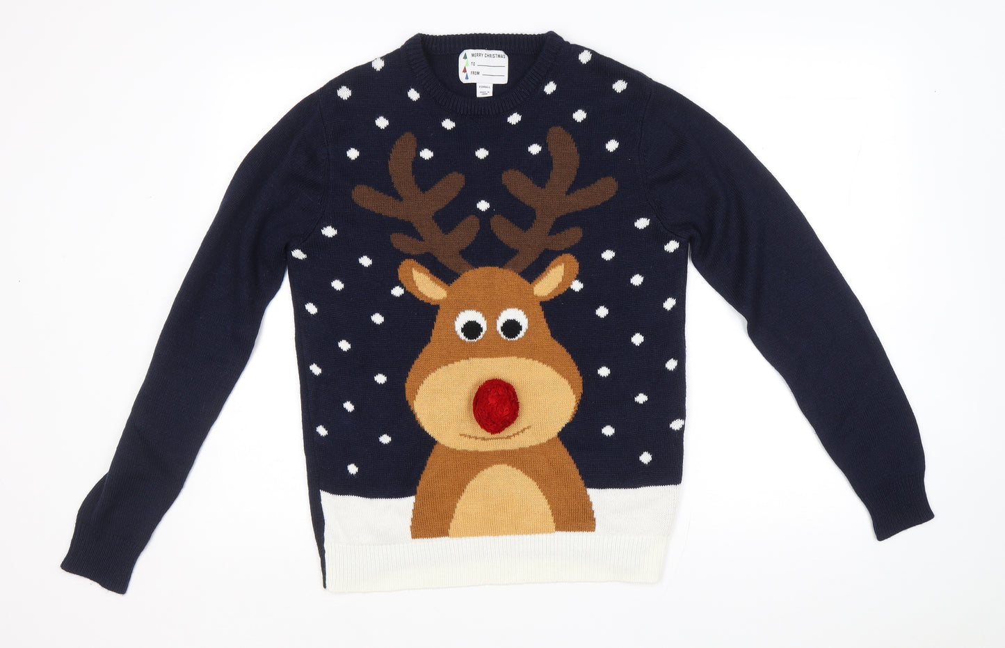 Primark Mens Black Round Neck Acrylic Pullover Jumper Size XS - Reindeer Christmas