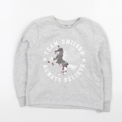 F&F Girls Grey Cotton Henley Sweatshirt Size 6-7 Years - TEAM UNICORN