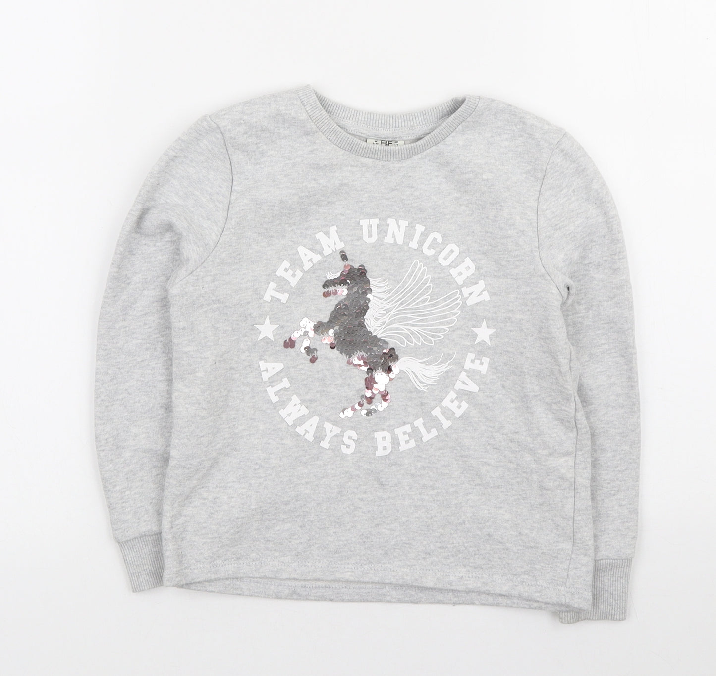 F&F Girls Grey Cotton Henley Sweatshirt Size 6-7 Years - TEAM UNICORN
