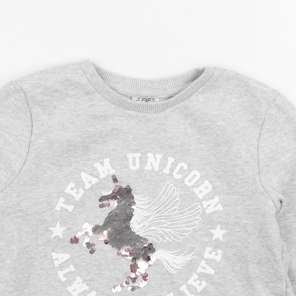 F&F Girls Grey Cotton Henley Sweatshirt Size 6-7 Years - TEAM UNICORN