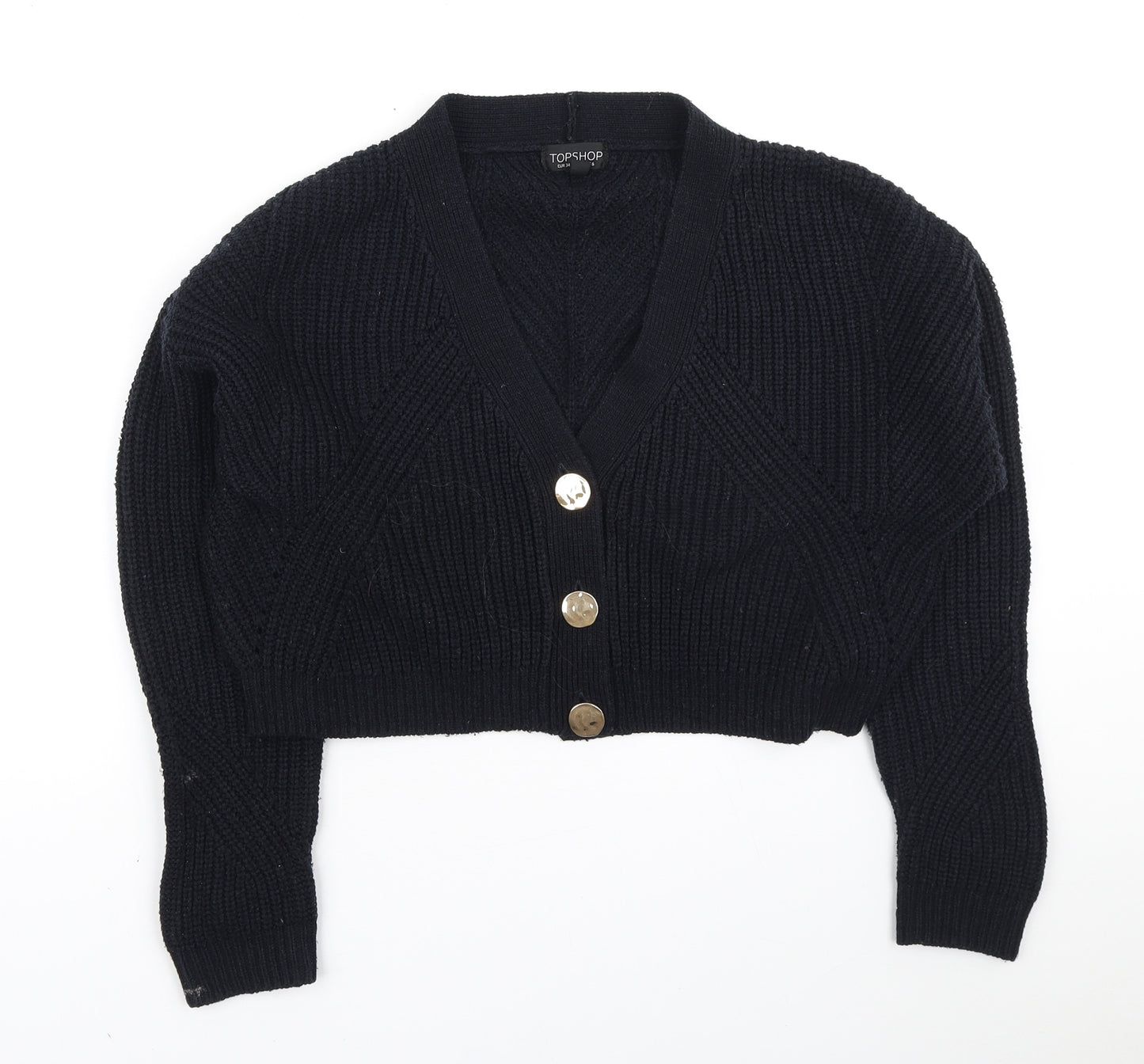 Topshop Womens Blue V-Neck Acrylic Cardigan Jumper Size 6 - Cropped, Gold Button