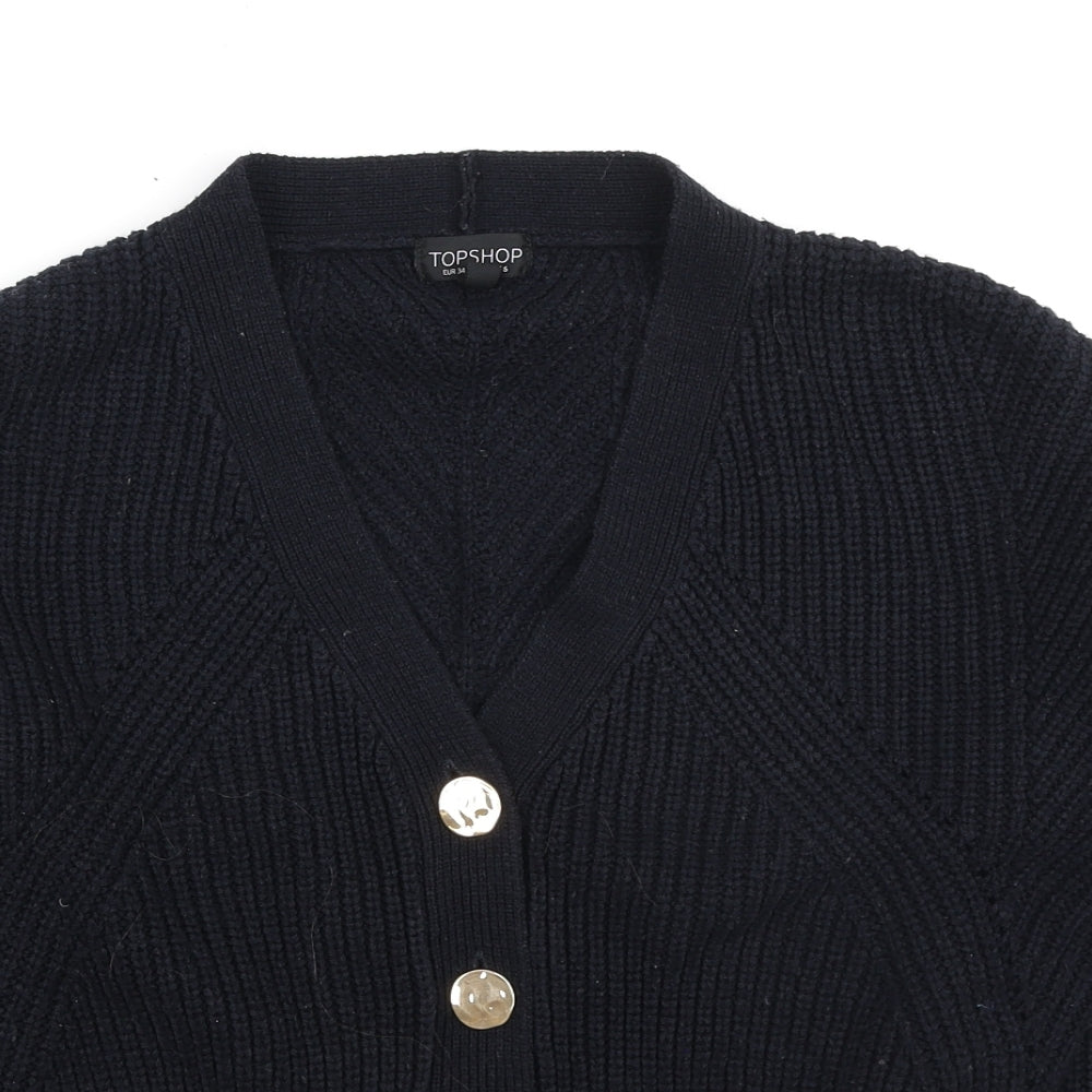 Topshop Womens Blue V-Neck Acrylic Cardigan Jumper Size 6 - Cropped, Gold Button