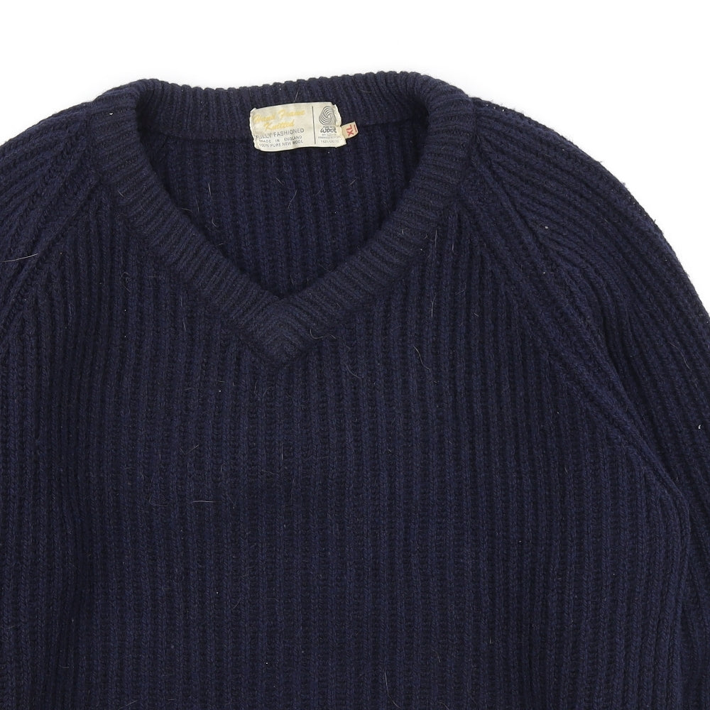 Pure New Wool Mens Blue V-Neck Wool Pullover Jumper Size XL