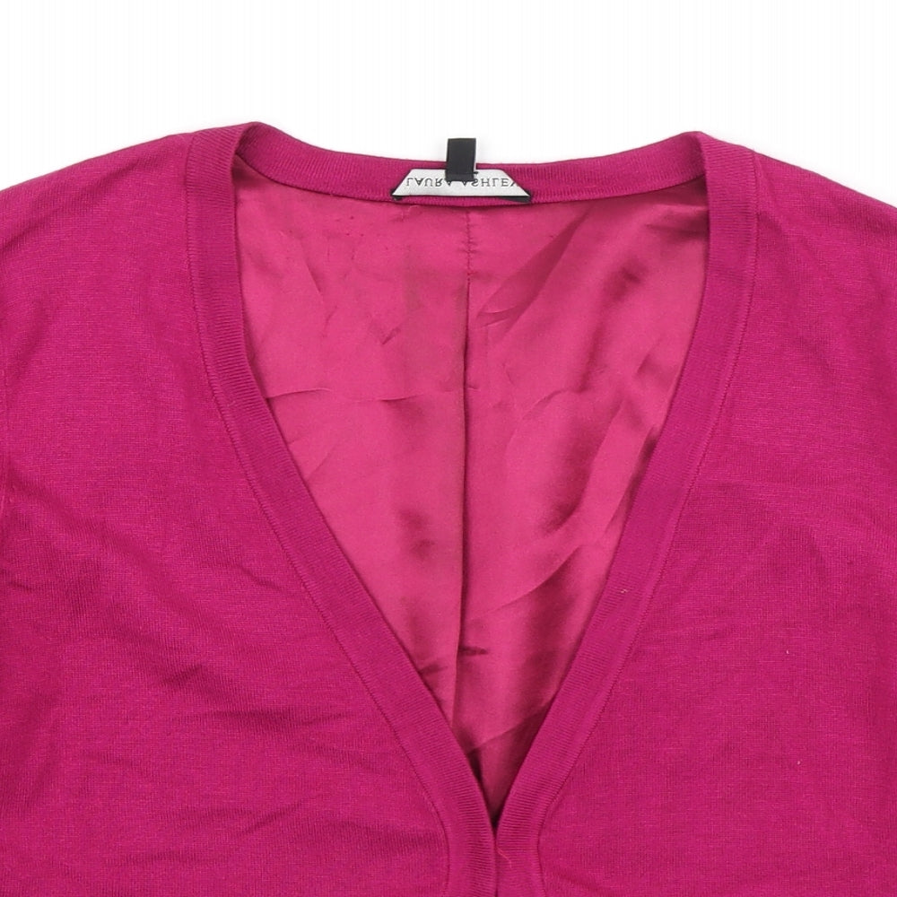 Laura Ashley Womens Pink V-Neck Viscose Cardigan Jumper Size 16 - Bow Detail on Sleeve