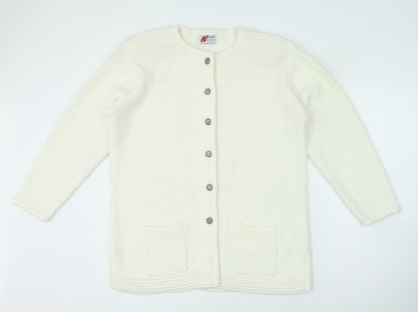 Poppy Womens White Crew Neck Acrylic Cardigan Jumper Size M