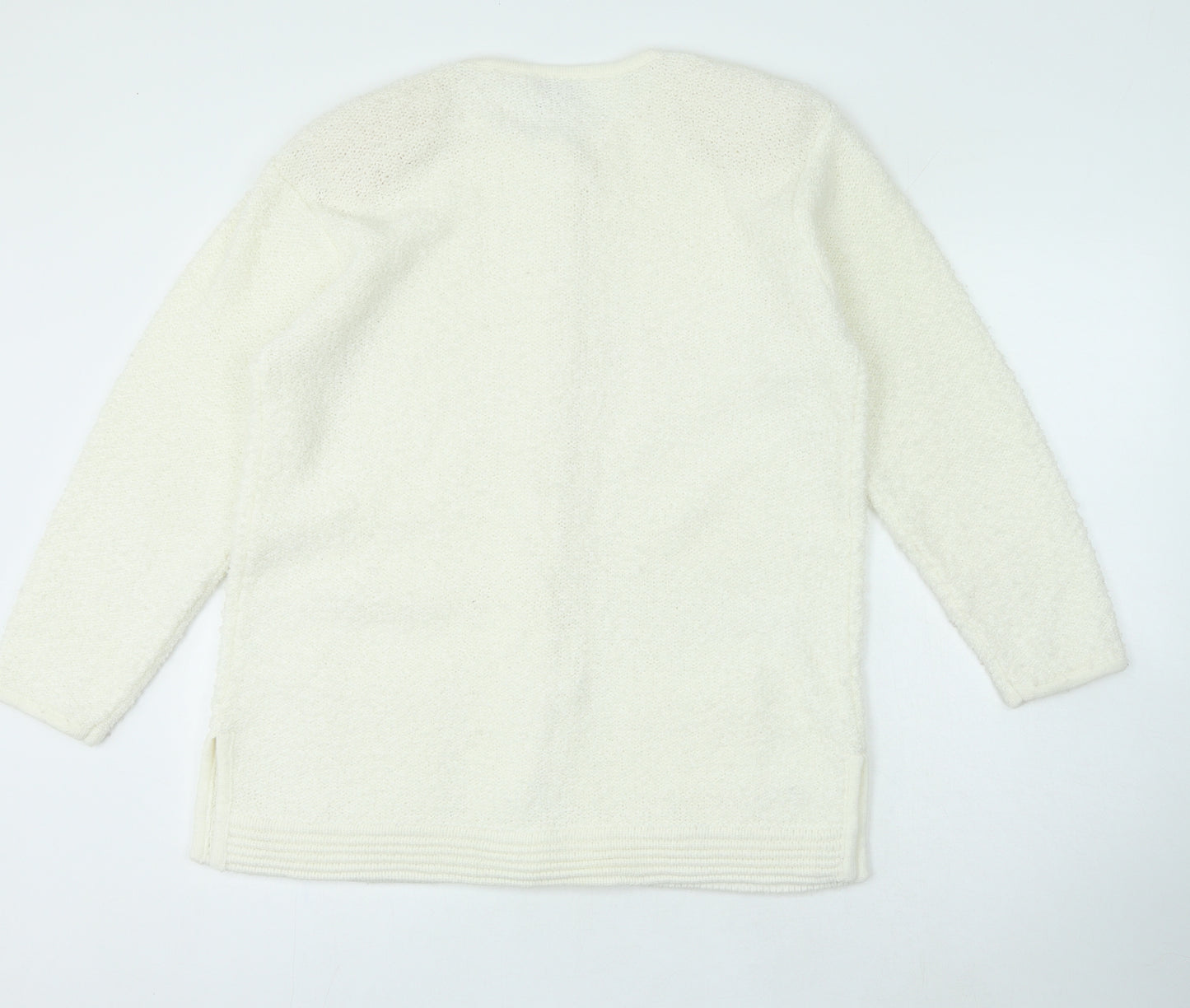 Poppy Womens White Crew Neck Acrylic Cardigan Jumper Size M