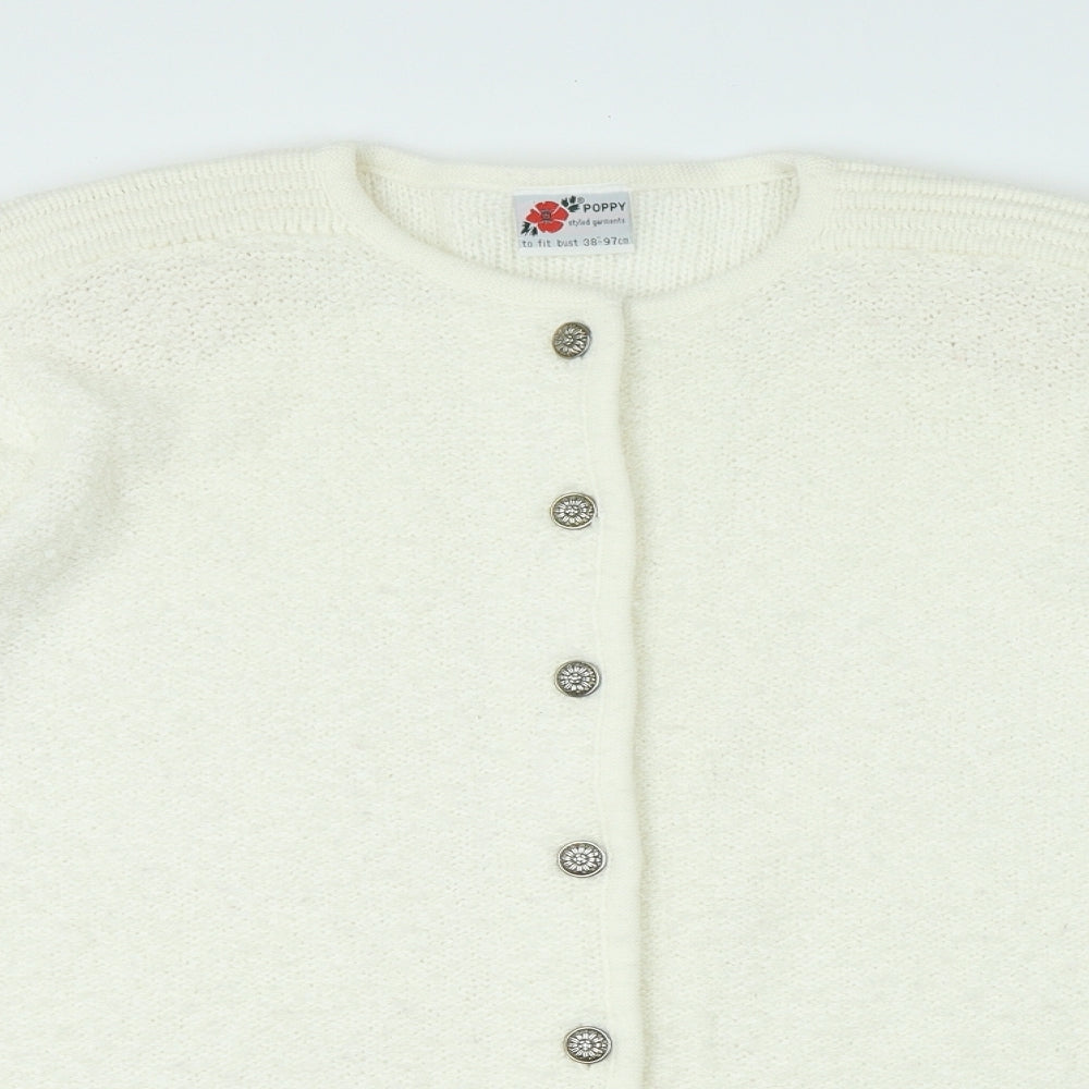 Poppy Womens White Crew Neck Acrylic Cardigan Jumper Size M