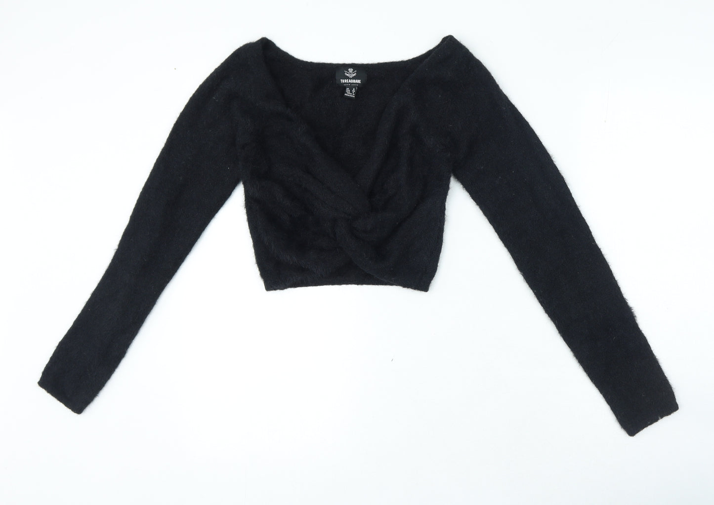 Thredbare Womens Black V-Neck Nylon Pullover Jumper Size 8