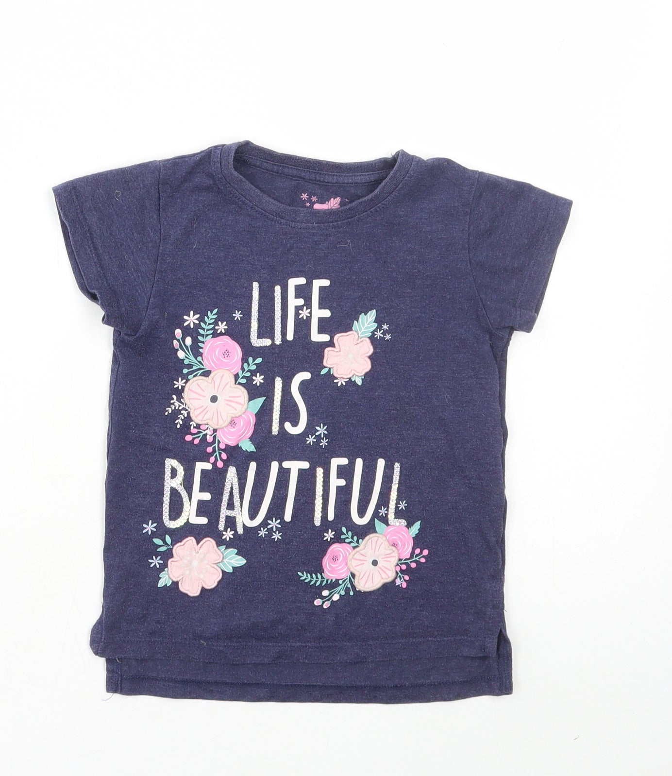 Primark Girls Blue Cotton Pullover T-Shirt Size 4-5 Years Round Neck Pullover - Life is beautiful