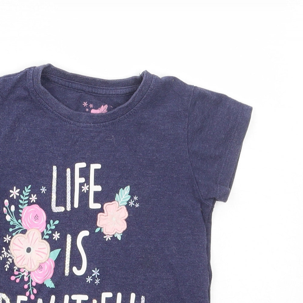 Primark Girls Blue Cotton Pullover T-Shirt Size 4-5 Years Round Neck Pullover - Life is beautiful