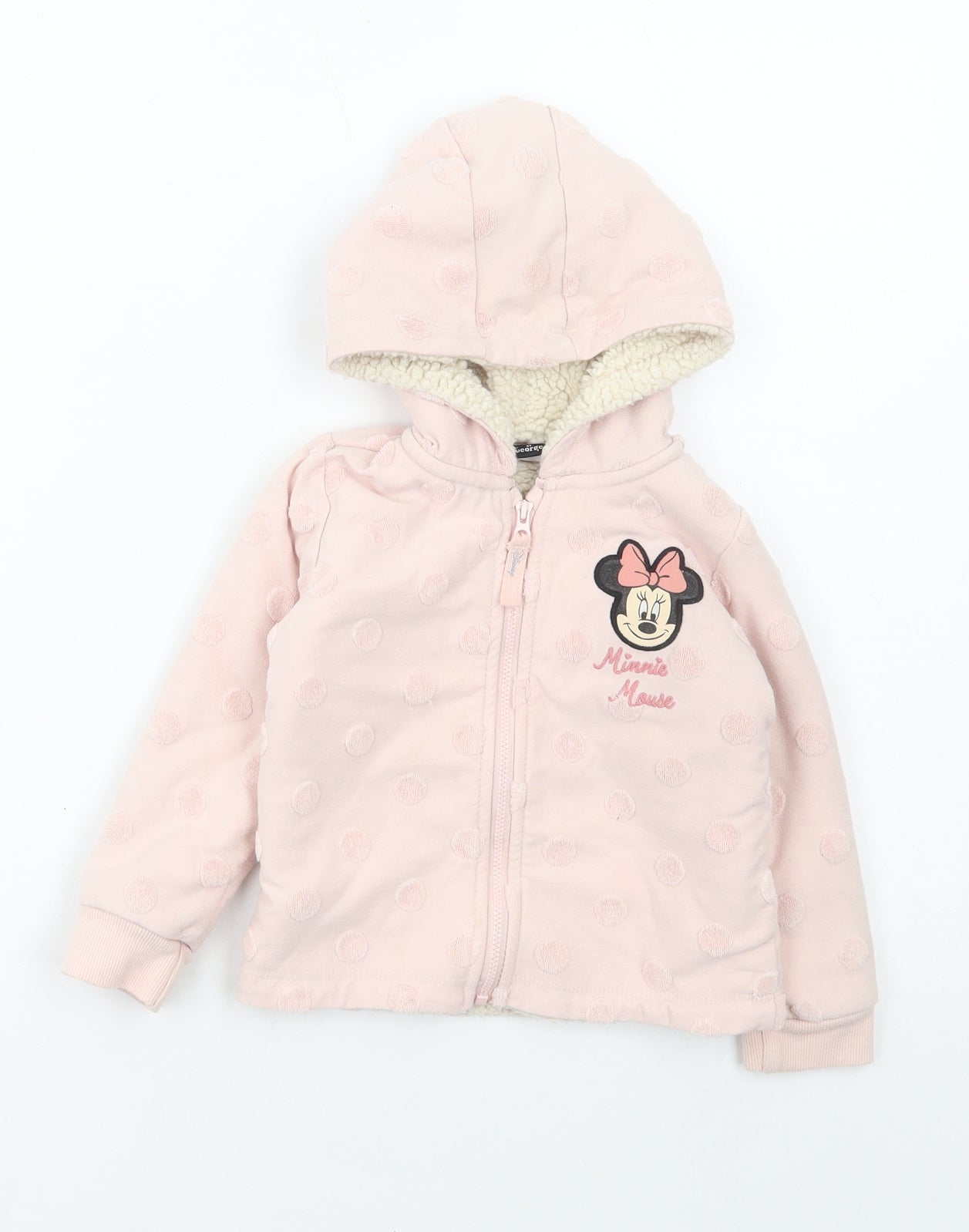 George Girls Pink Polka Dot Cotton Full Zip Hoodie Size 2-3 Years Zip - Minnie Mouse