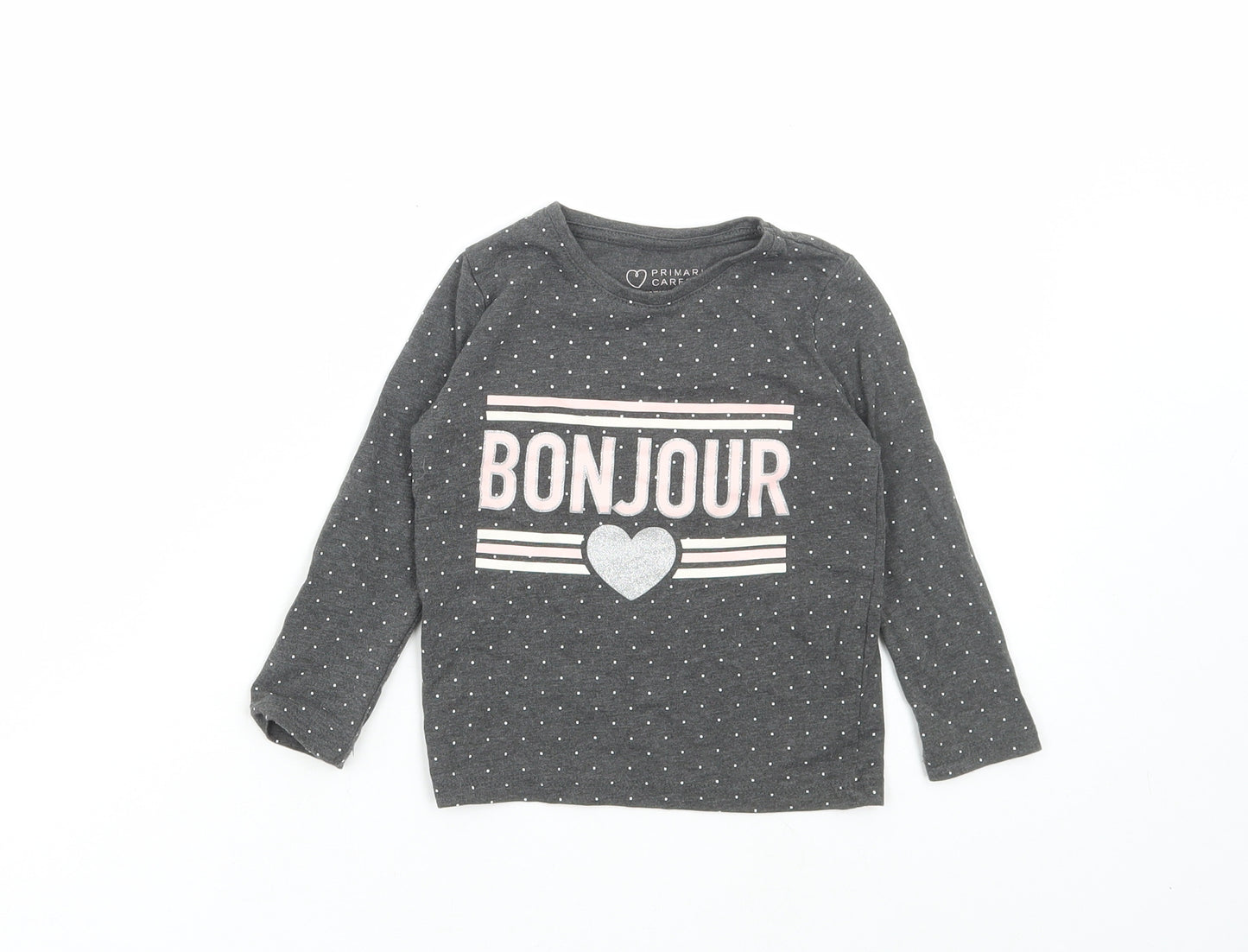 Primark Girls Grey Polka Dot Cotton Basic T-Shirt Size 2-3 Years Round Neck Pullover - Bonjour