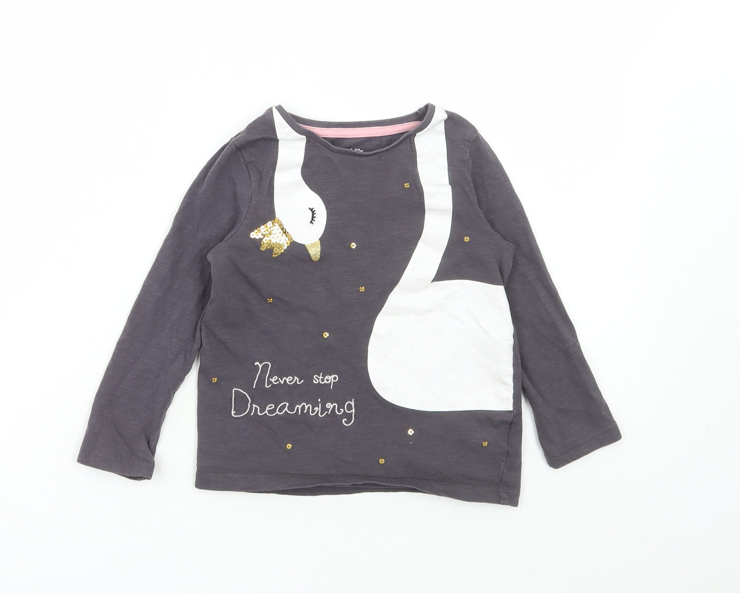 F&F Girls Grey Cotton Basic T-Shirt Size 3-4 Years Round Neck Pullover - Swan