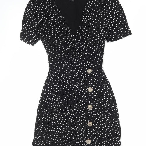 Cameo Rose Womens Black Polka Dot Viscose Skater Dress Size 8 V-Neck Tie