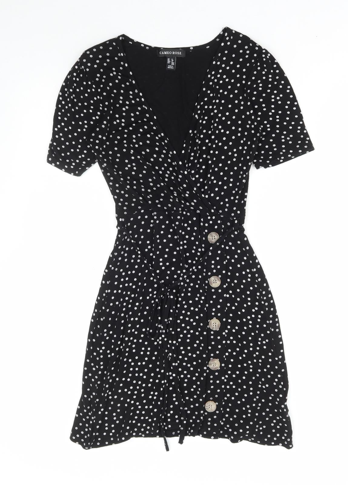 Cameo Rose Womens Black Polka Dot Viscose Skater Dress Size 8 V-Neck Tie