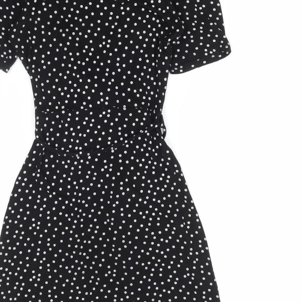Cameo Rose Womens Black Polka Dot Viscose Skater Dress Size 8 V-Neck Tie